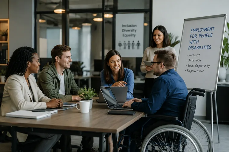 A diverse group of professionals collaborating in an accessible office space, featured image for disability employment guide.